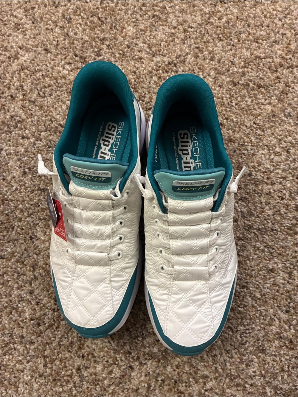 Skechers White Quilted Slip-On Sneakers with Teal Lining